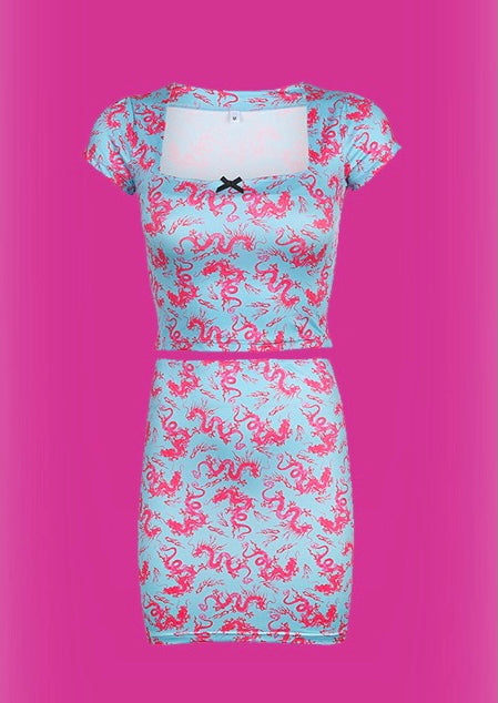 Pink + blue Color dragon print set