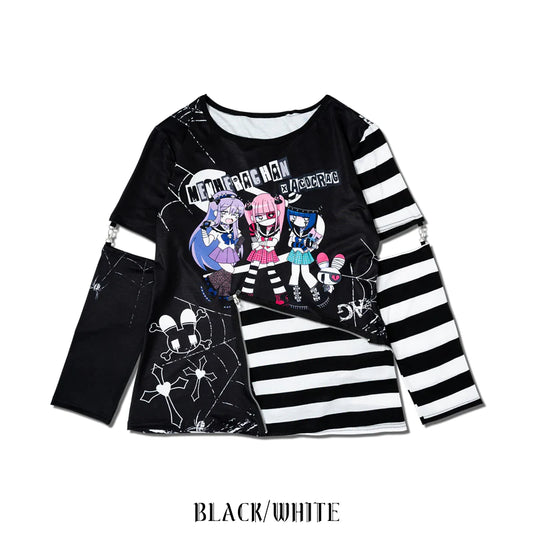 ACDC Rag EMOパンクメンヘラチャン Punk T-shirt with detachable sleeves Black+Pink/White