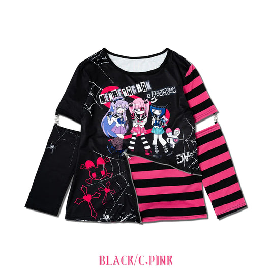 ACDC Rag EMOパンクメンヘラチャン Punk T-shirt with detachable sleeves Black+Pink/White
