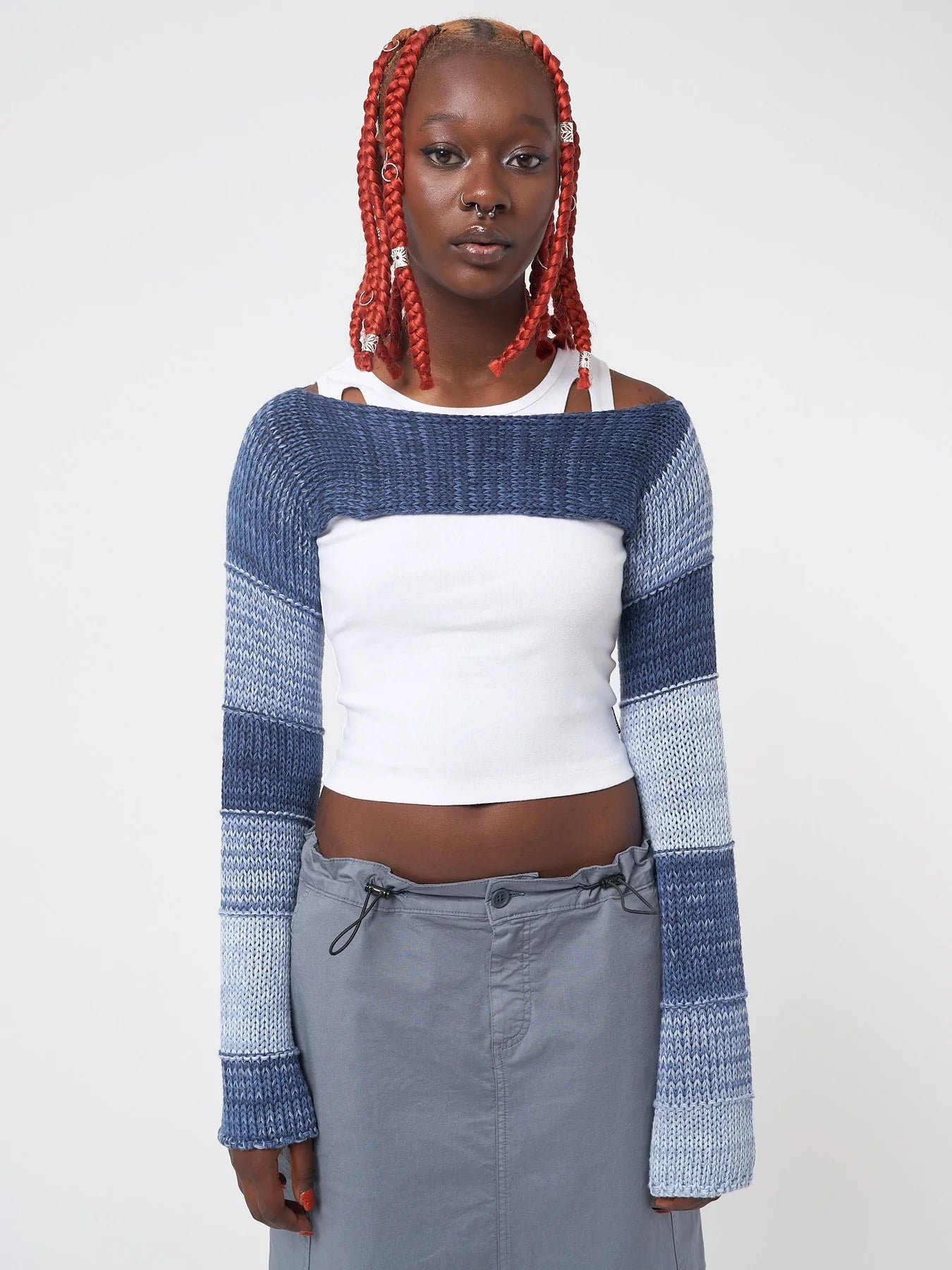 Minga London FUSION BLUE PATCHWORK KNITTED SHRUG TOP