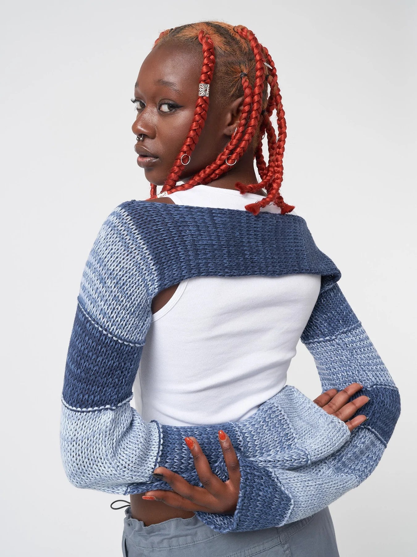 Minga London FUSION BLUE PATCHWORK KNITTED SHRUG TOP