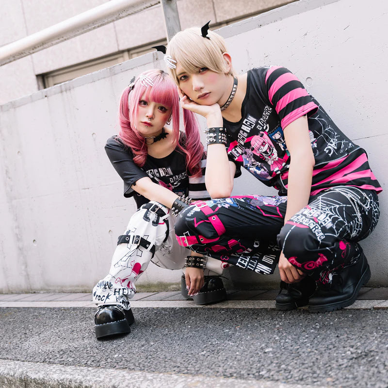 ACDC Rag EMOパンクメンヘラチャン Punk T-shirt with detachable sleeves Black+Pink ...
