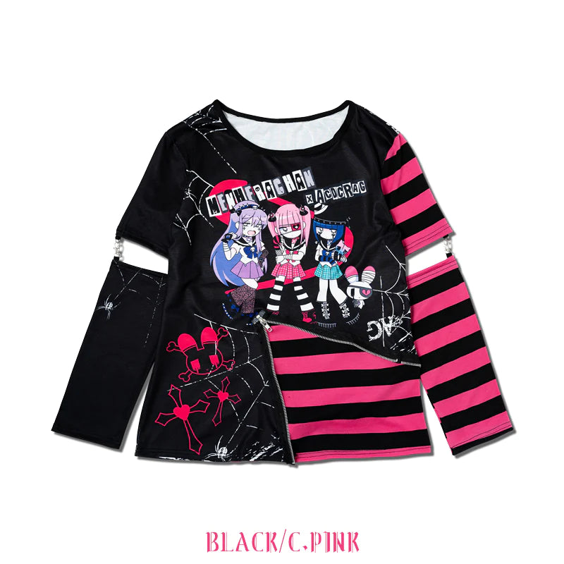 ACDC Rag EMOパンクメンヘラチャン Punk T-shirt with detachable sleeves Black+Pink/White