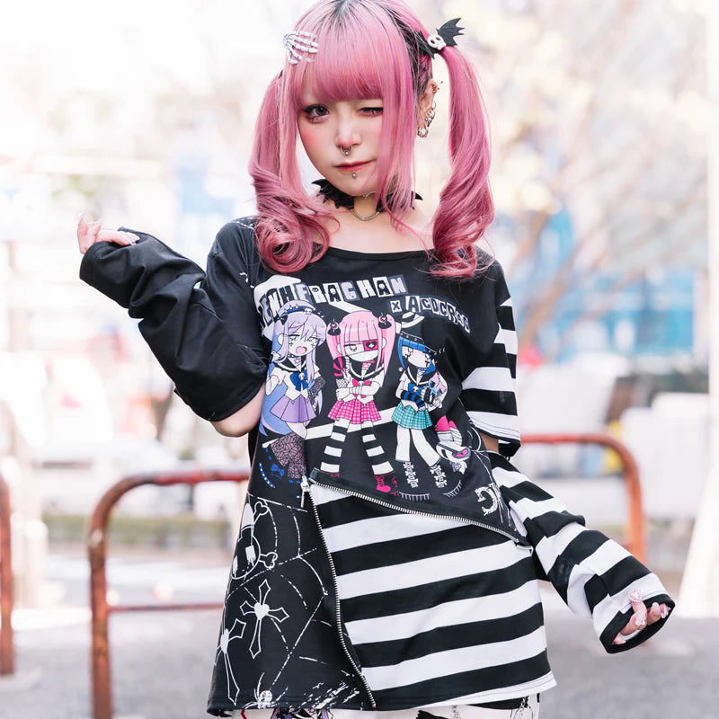 ACDC Rag EMOパンクメンヘラチャン Punk T-shirt with detachable sleeves Black+Pink ...