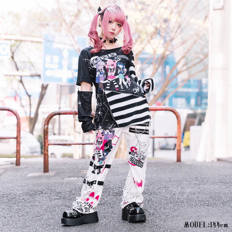ACDC Rag EMOパンクメンヘラチャン Punk T-shirt with detachable sleeves Black+Pink/White