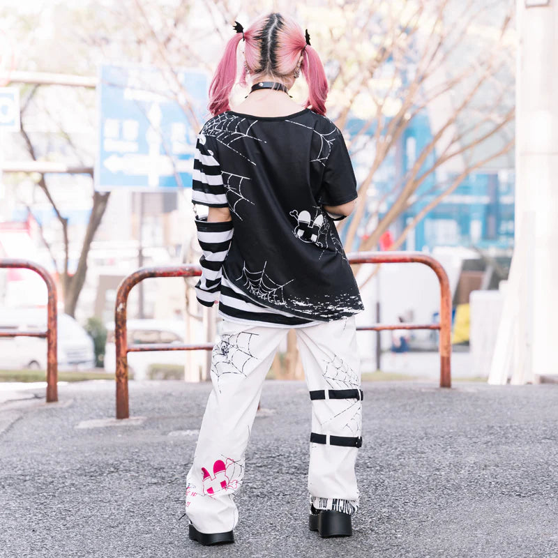 ACDC Rag EMOパンクメンヘラチャン Punk T-shirt with detachable sleeves Black+Pink ...