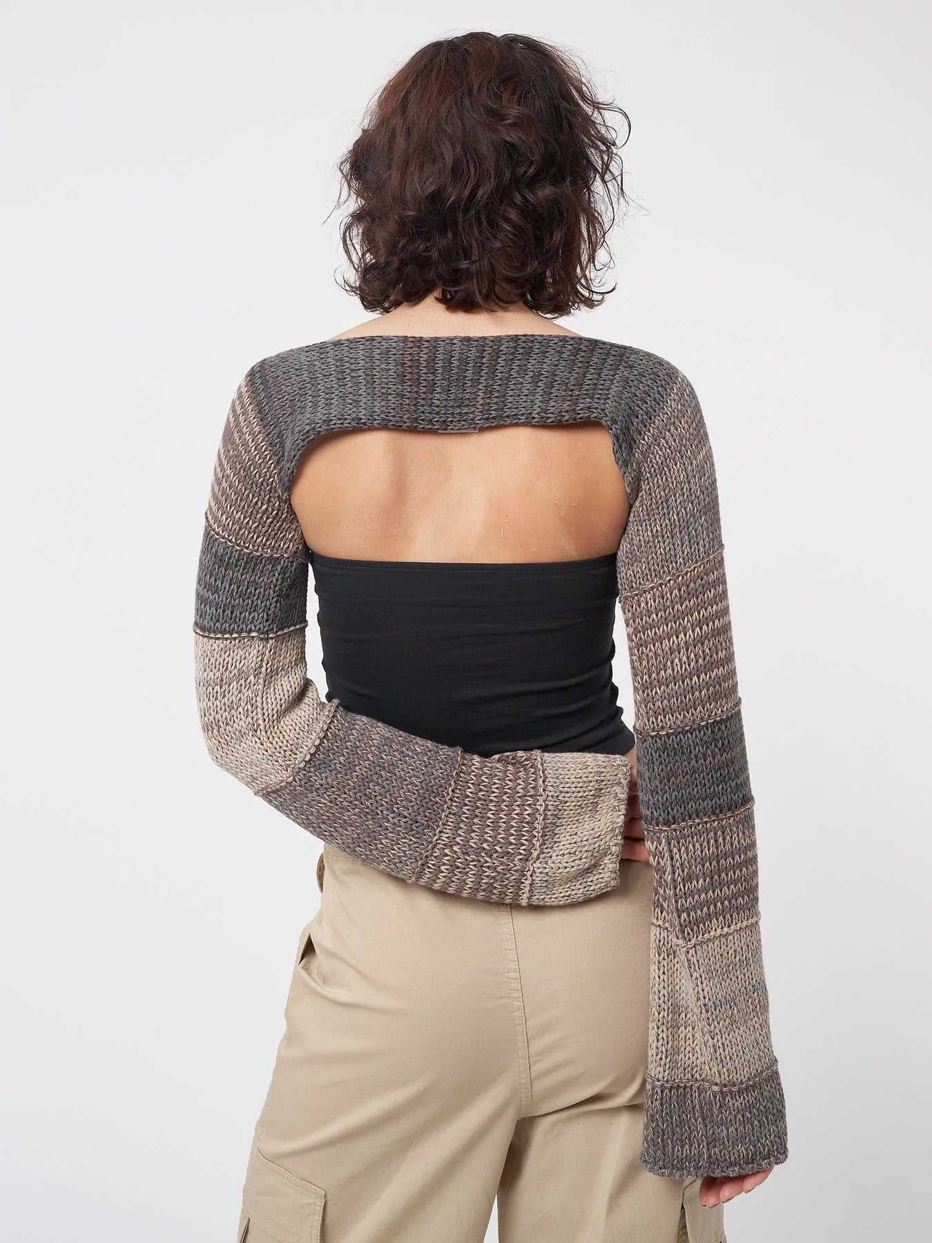 Minga London FUSION BROWN PATCHWORK KNITTED SHRUG TOP