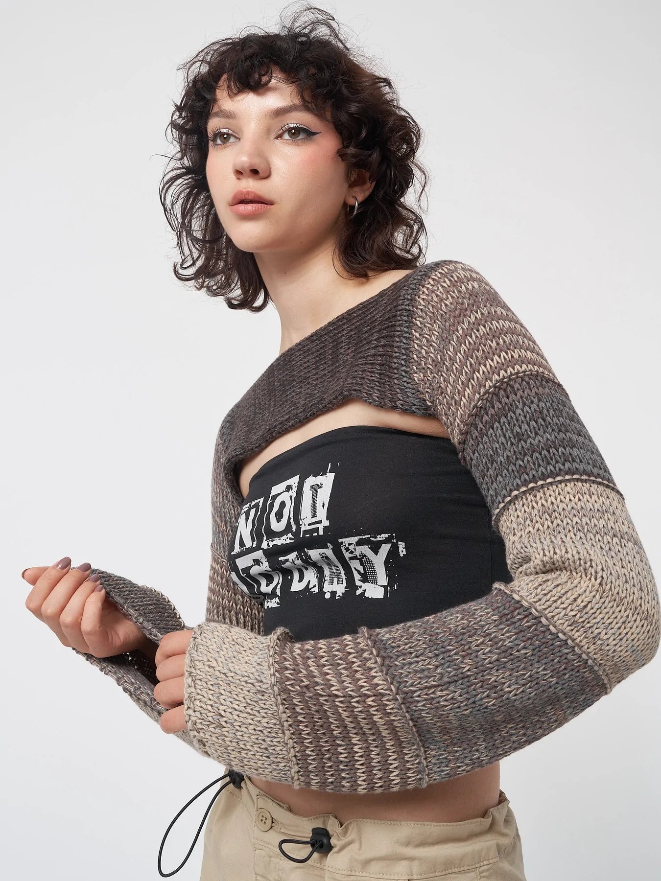 Minga London FUSION BROWN PATCHWORK KNITTED SHRUG TOP