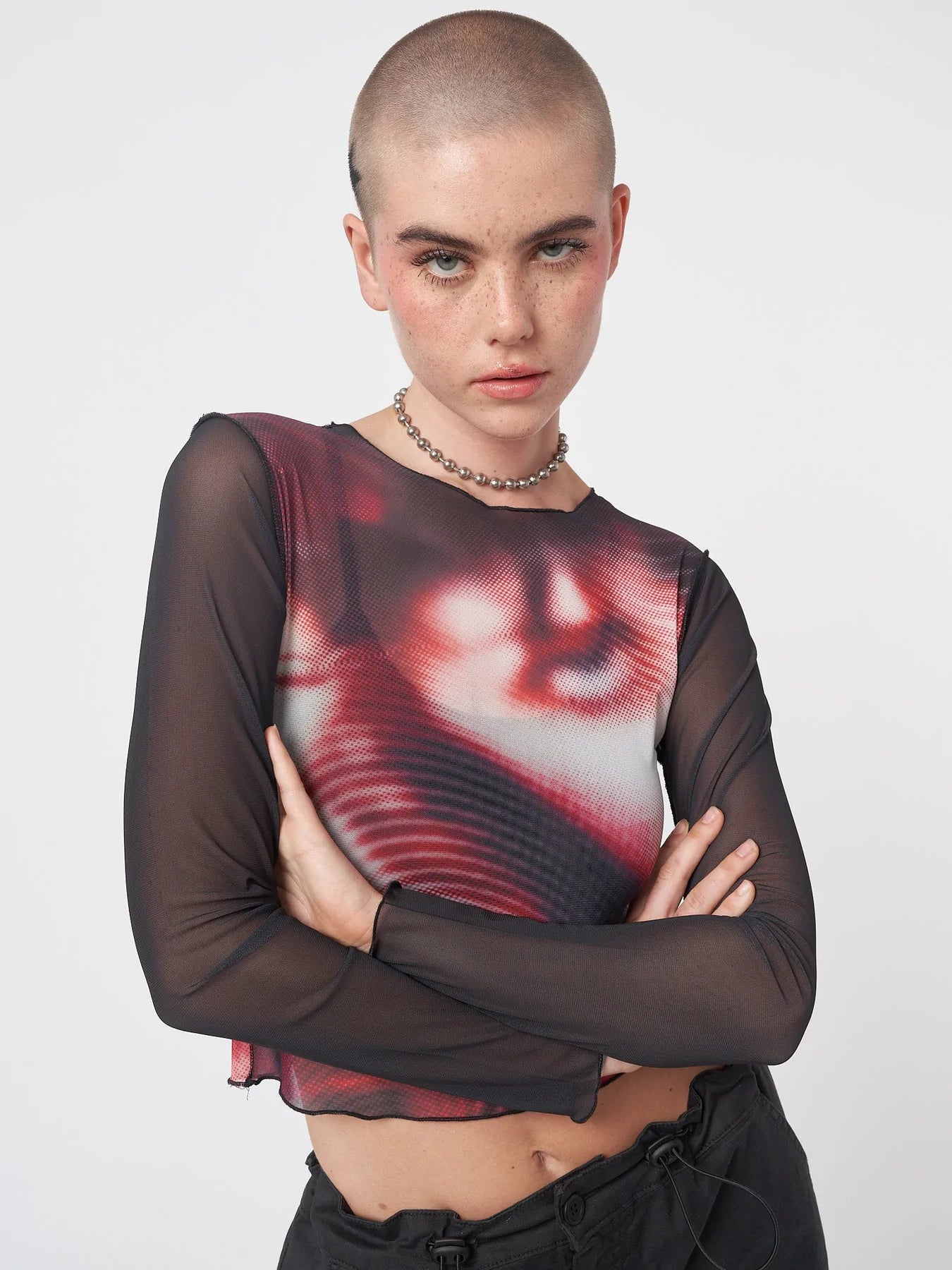 Minga London PIXEL BLACK RED MESH CROP TOP